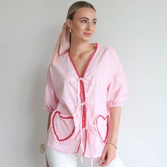 Embroidered Heart Pocket Blouse - Pink - Noefie