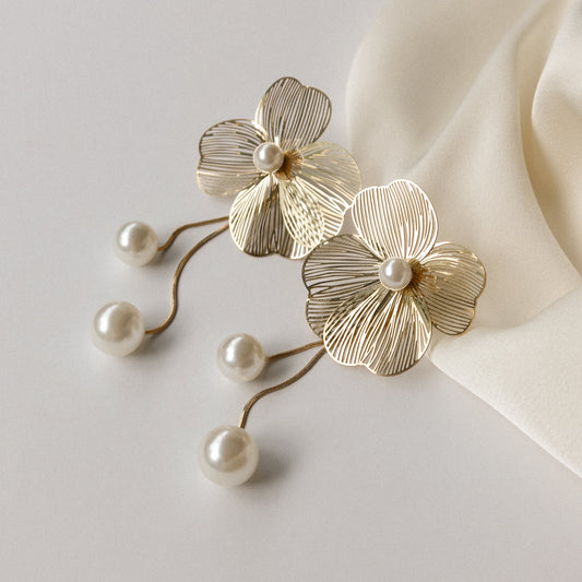 Flower Earrings with Pearls - Gold - Noefie