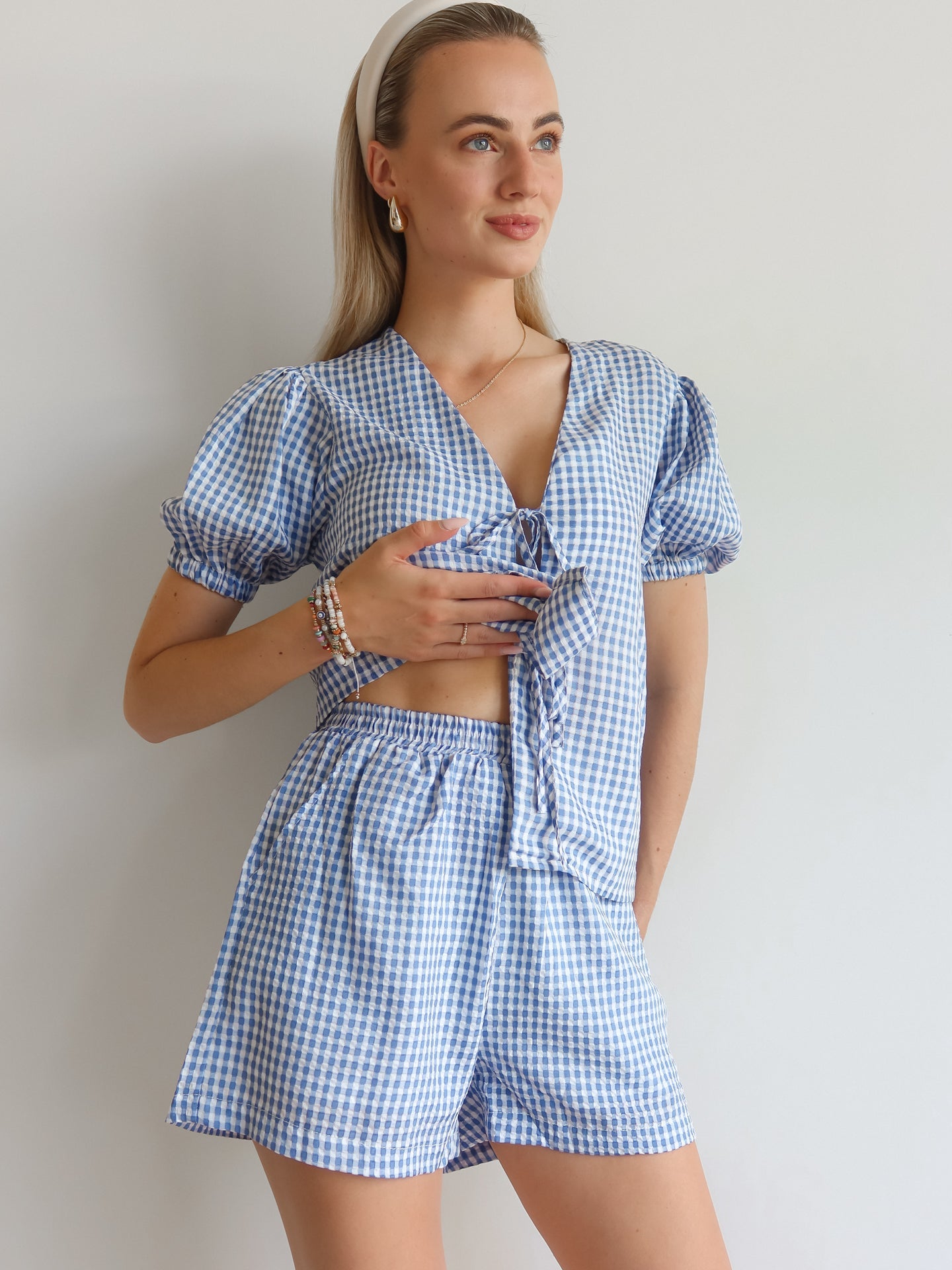 Blouse and Short Set - Geruit Blauw - Noefie