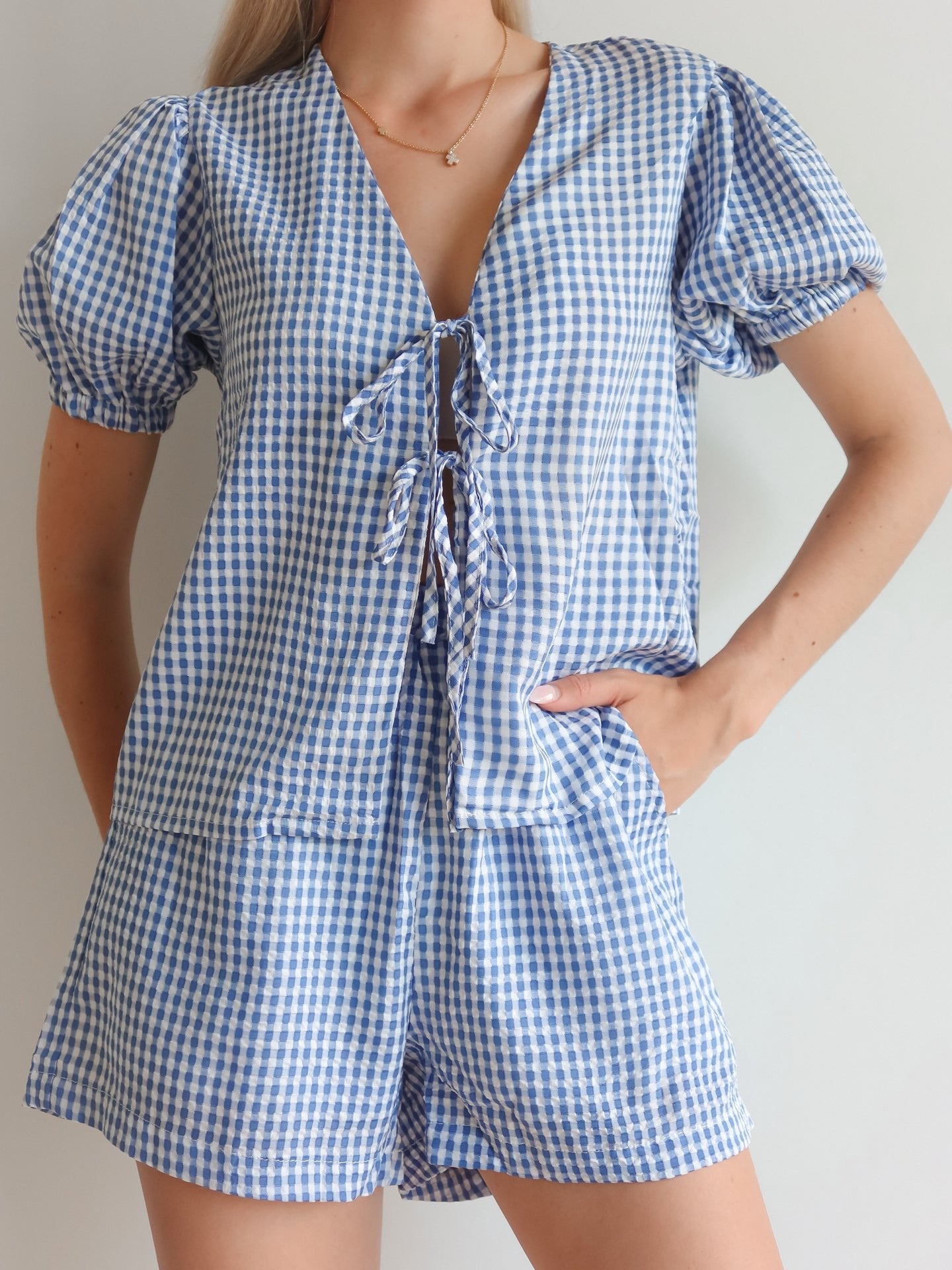 Blouse and Short Set - Geruit Blauw - Noefie