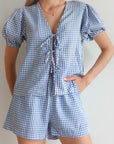 Blouse and Short Set - Geruit Blauw - Noefie