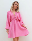 Cotton Dress with V - Neck - Roze - Noefie