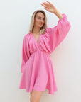 Cotton Dress with V - Neck - Roze - Noefie