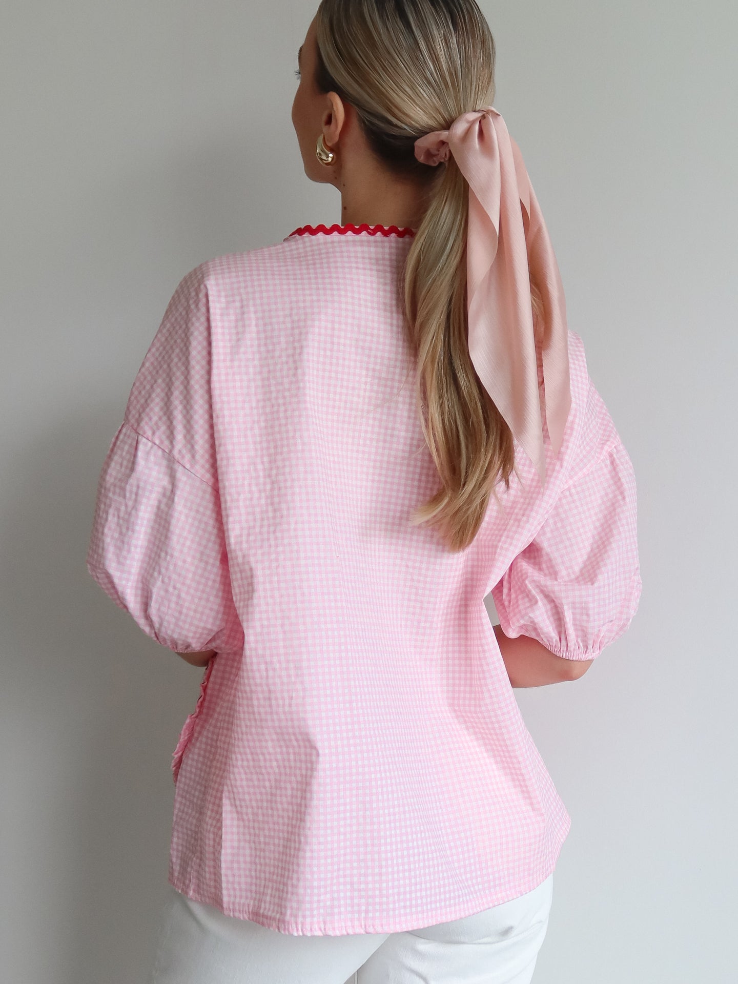 Embroidered Heart Pocket Blouse - Roze - Noefie