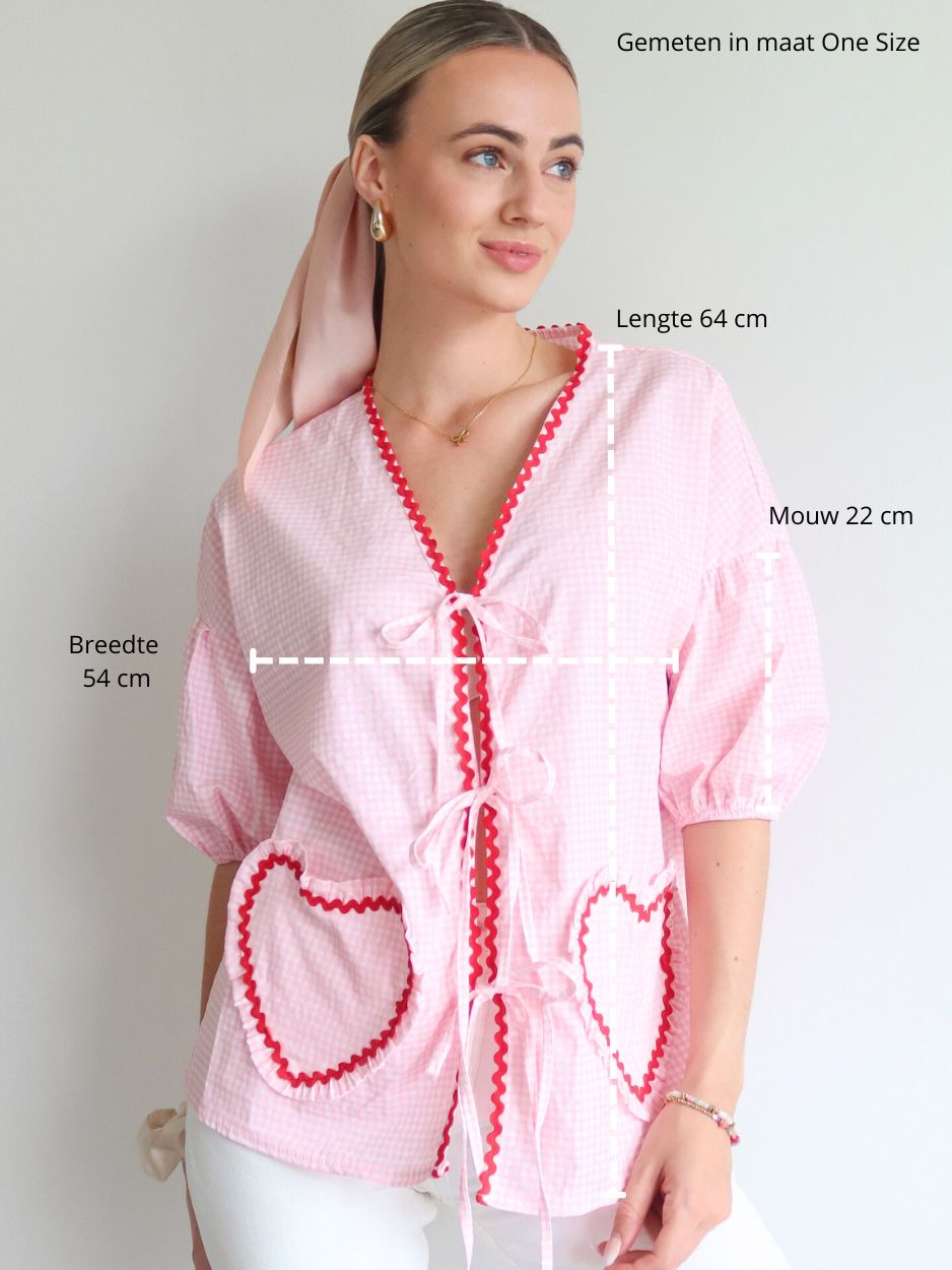 Embroidered Heart Pocket Blouse - Roze - Noefie