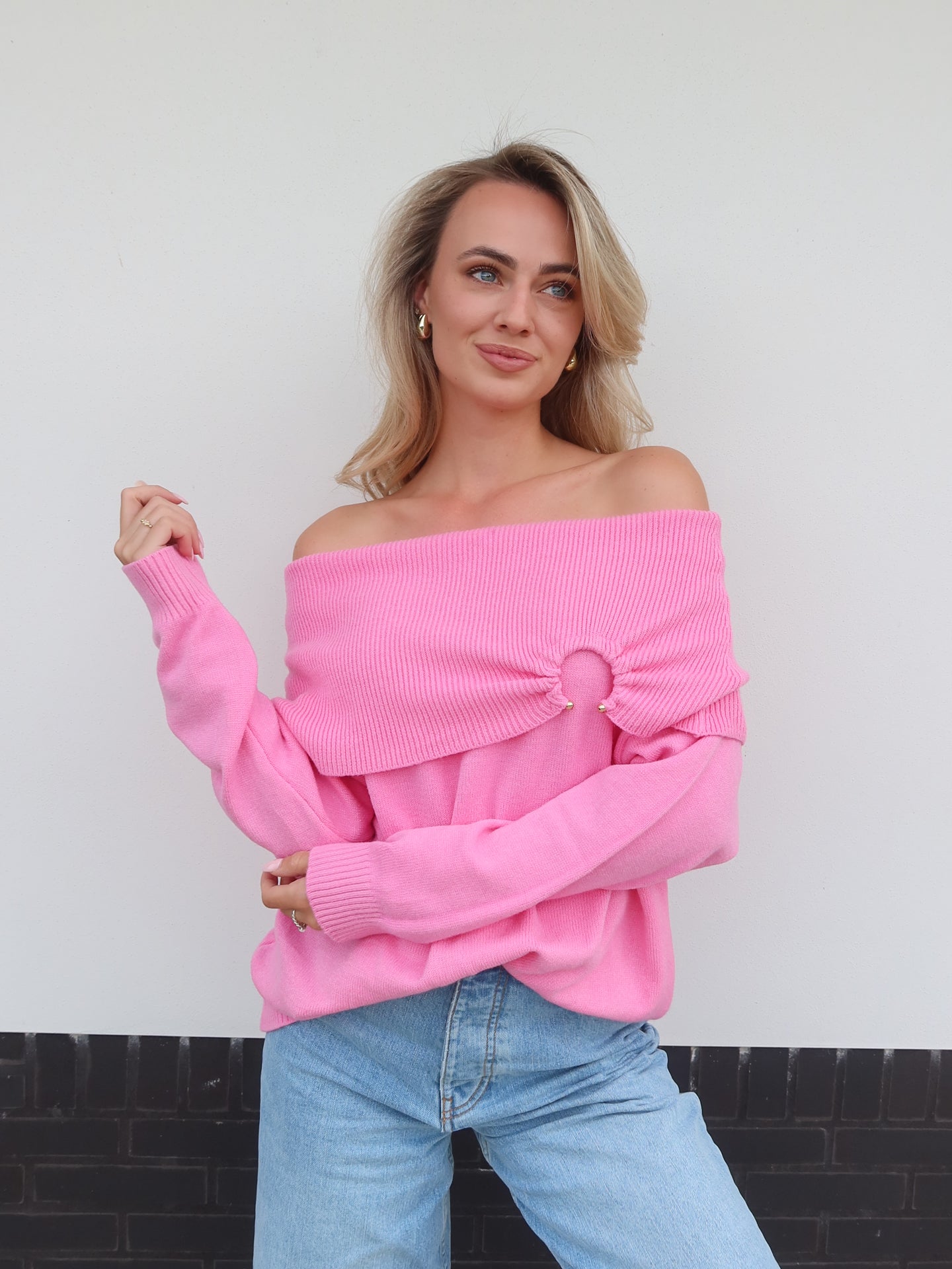 Knitted Off - Shoulder Sweater - Roze - Noefie