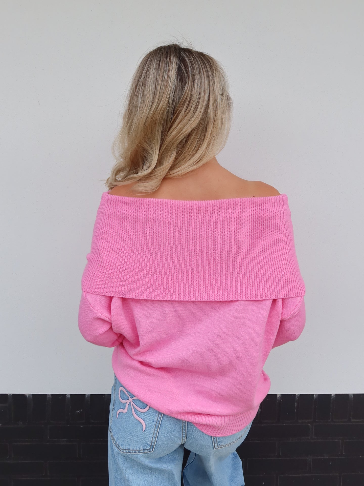 Knitted Off - Shoulder Sweater - Roze - Noefie