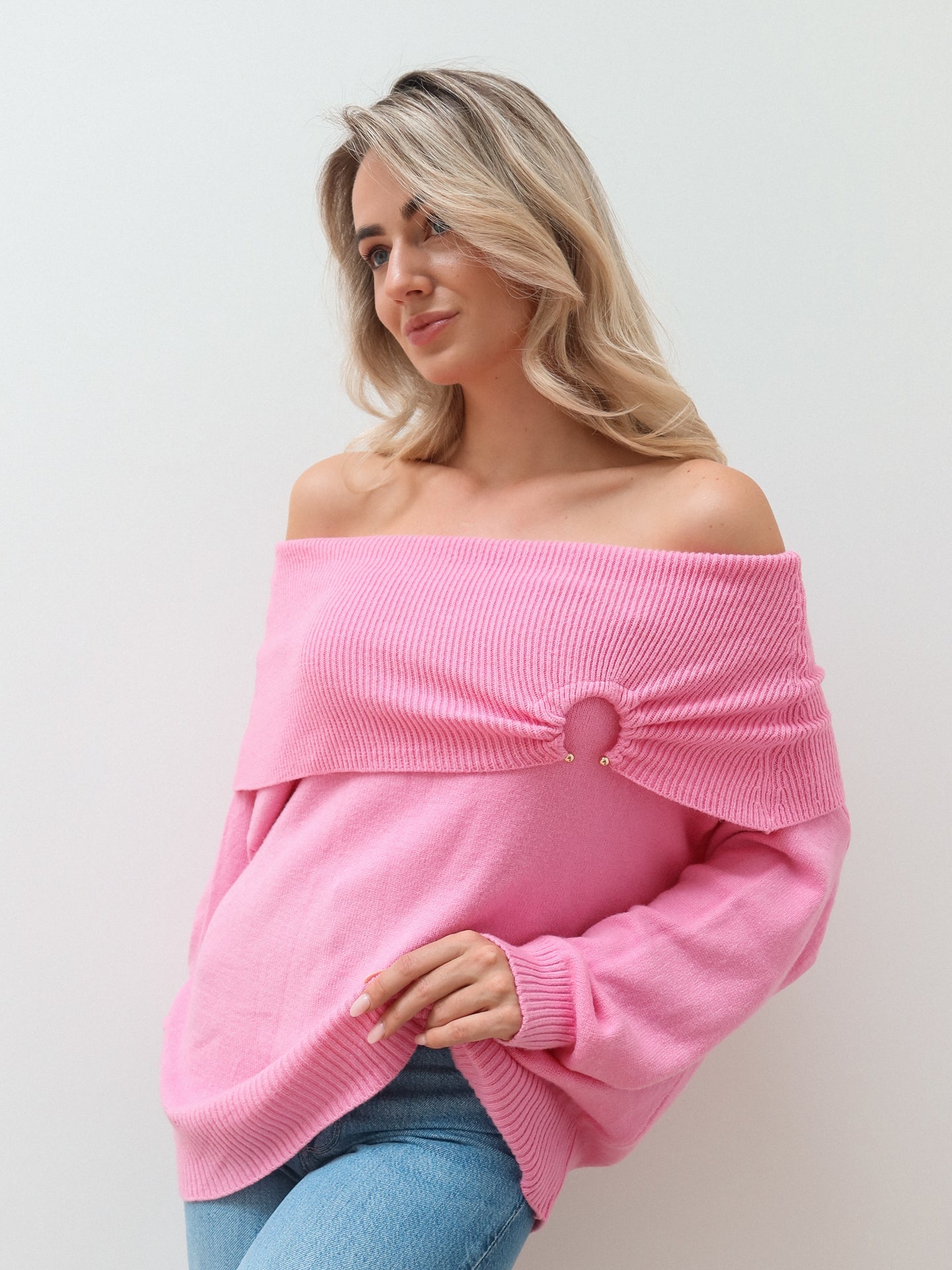 Knitted Off - Shoulder Sweater - Roze - Noefie