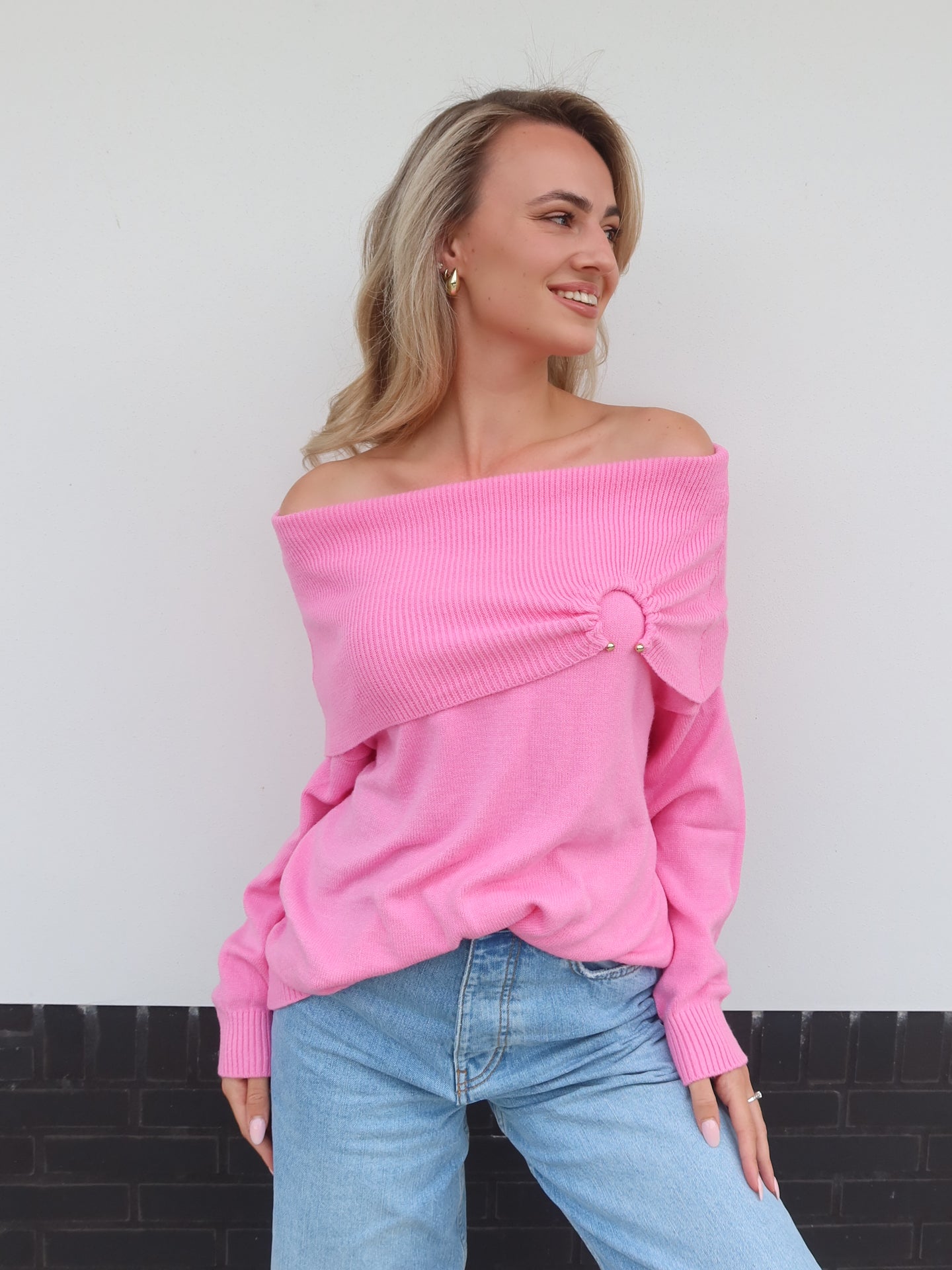 Knitted Off - Shoulder Sweater - Roze - Noefie