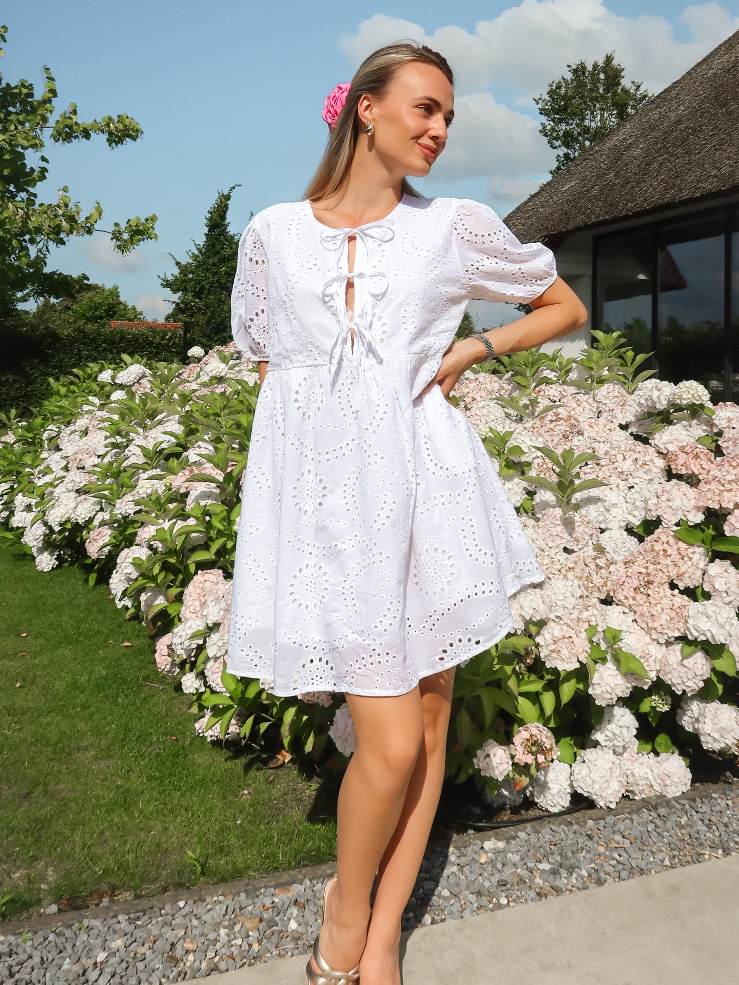 Poplin Dress with Bows - Wit - Noefie