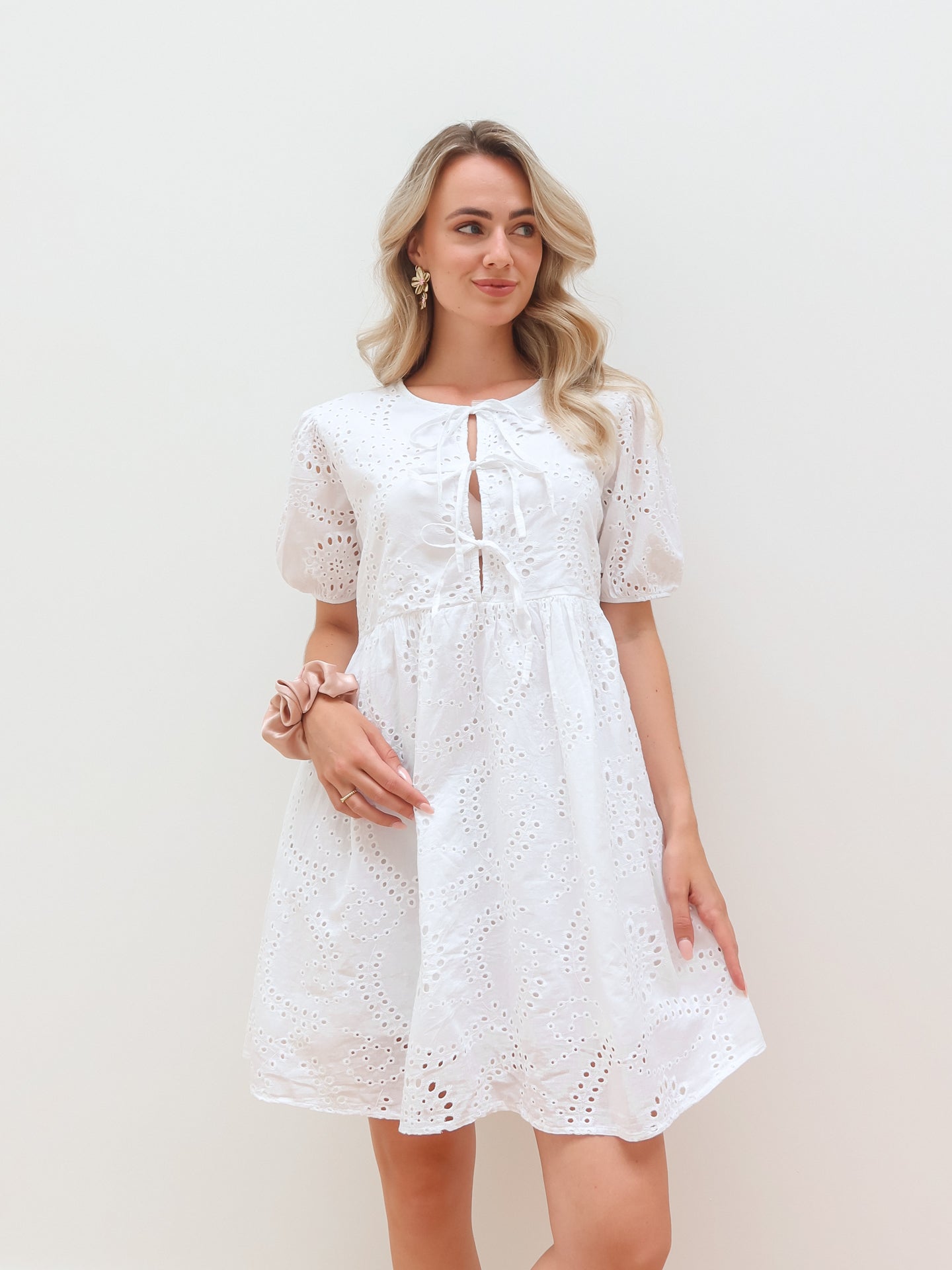 Poplin Dress with Bows - Wit - Noefie