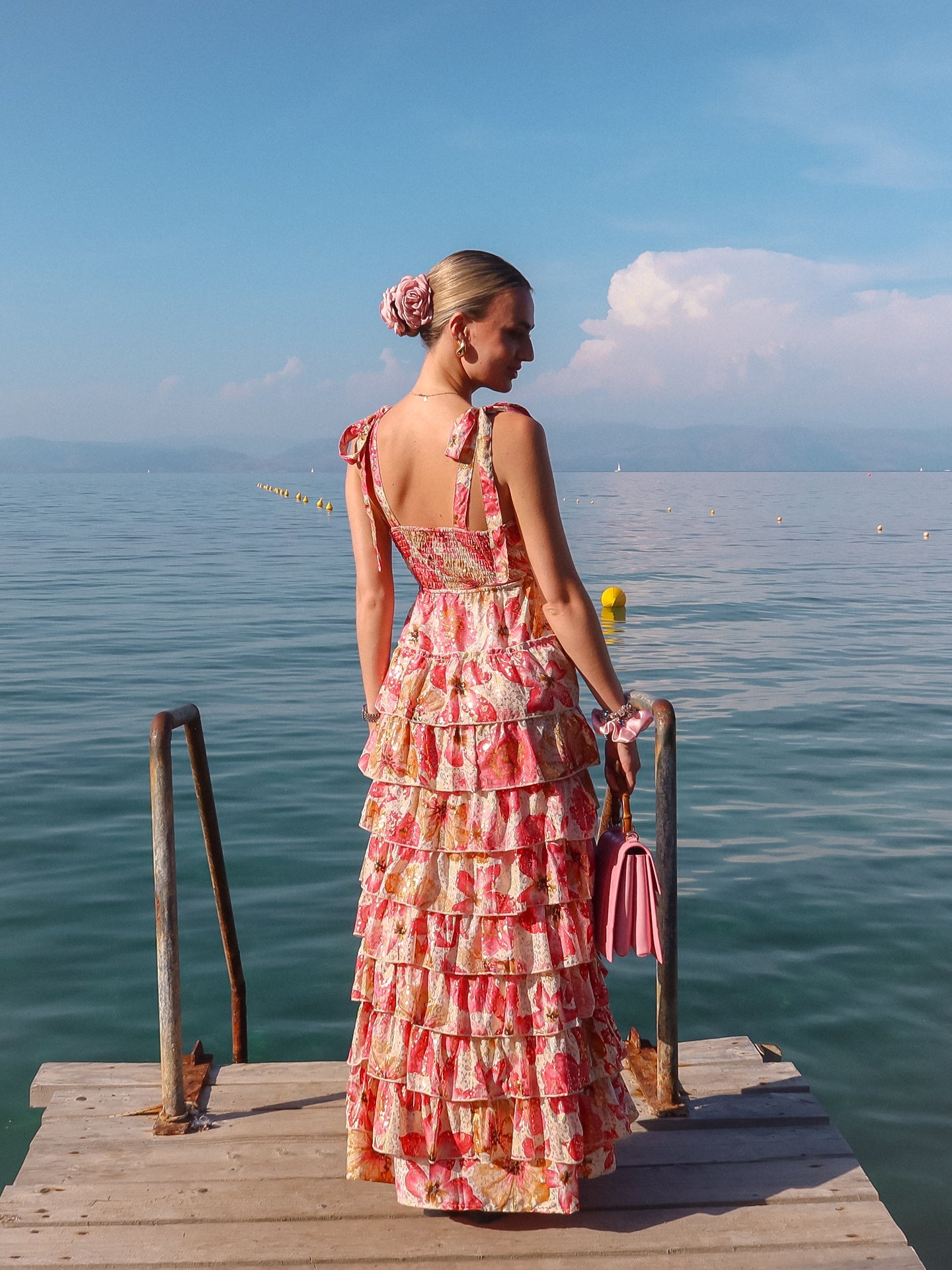 Ruffle Maxi Dress - Print in Roze - Noefie