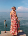 Ruffle Maxi Dress - Print in Roze - Noefie