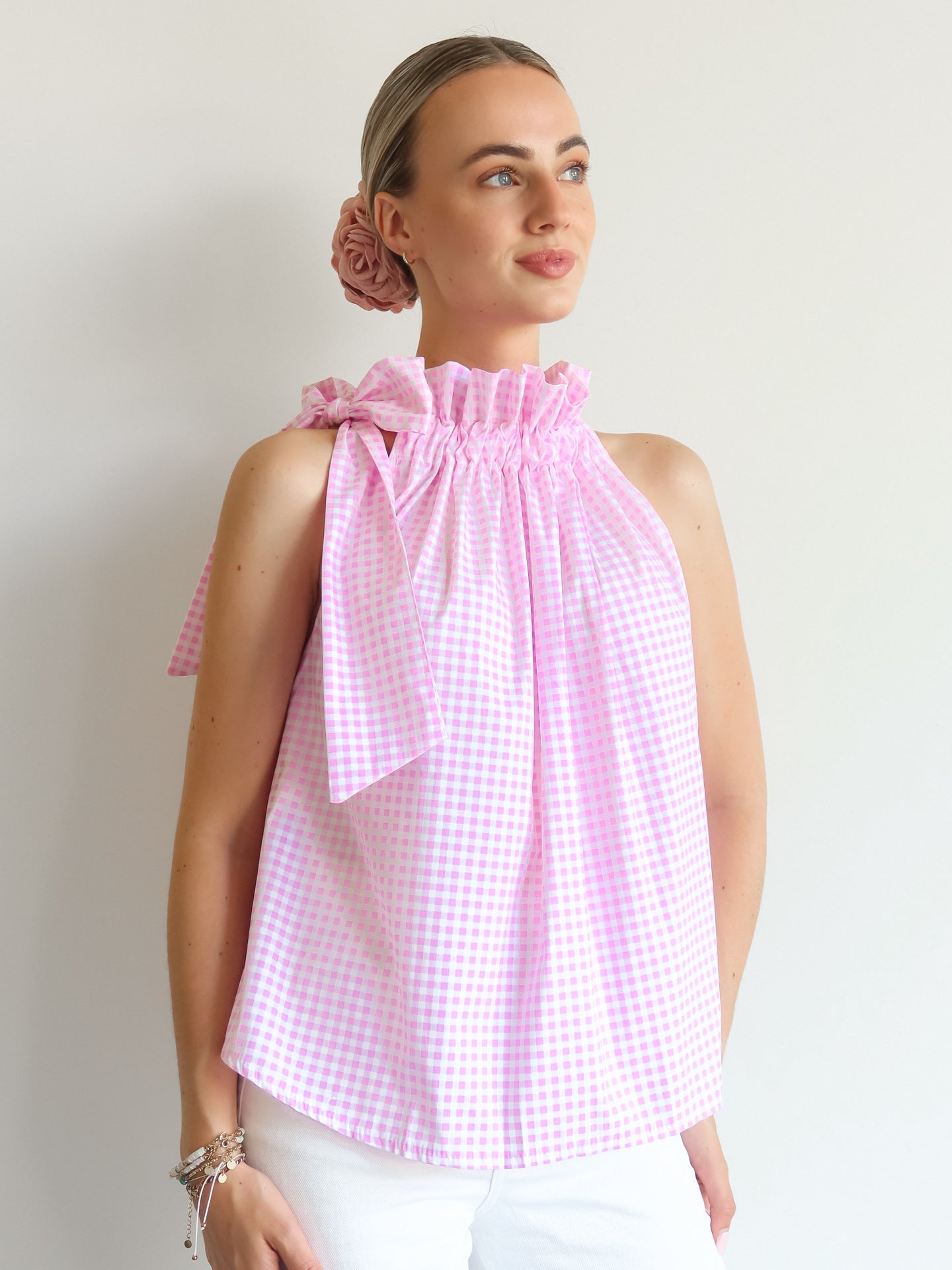 Top with Bow Collar - Geruit Roze - Noefie