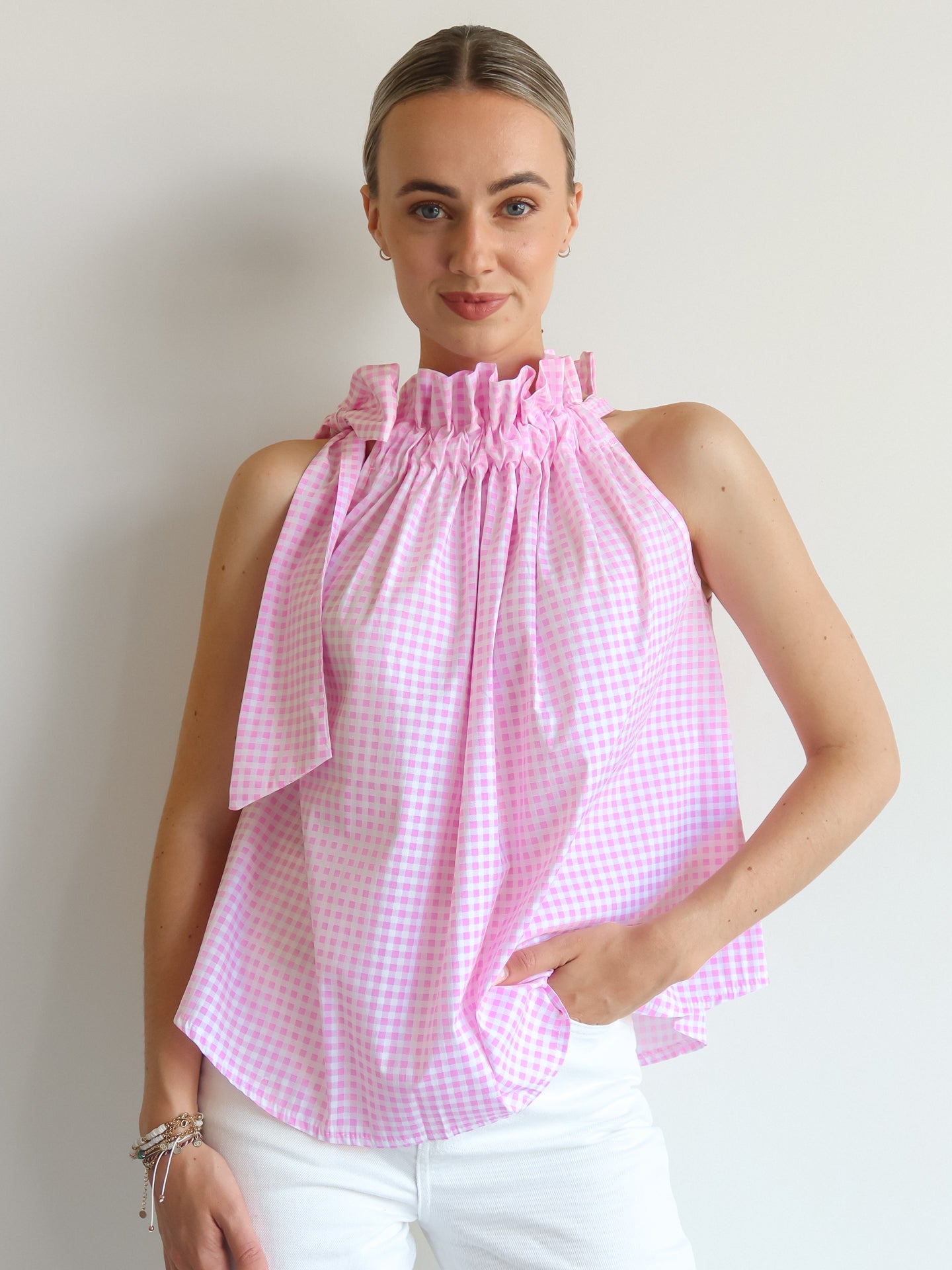 Top with Bow Collar - Geruit Roze - Noefie