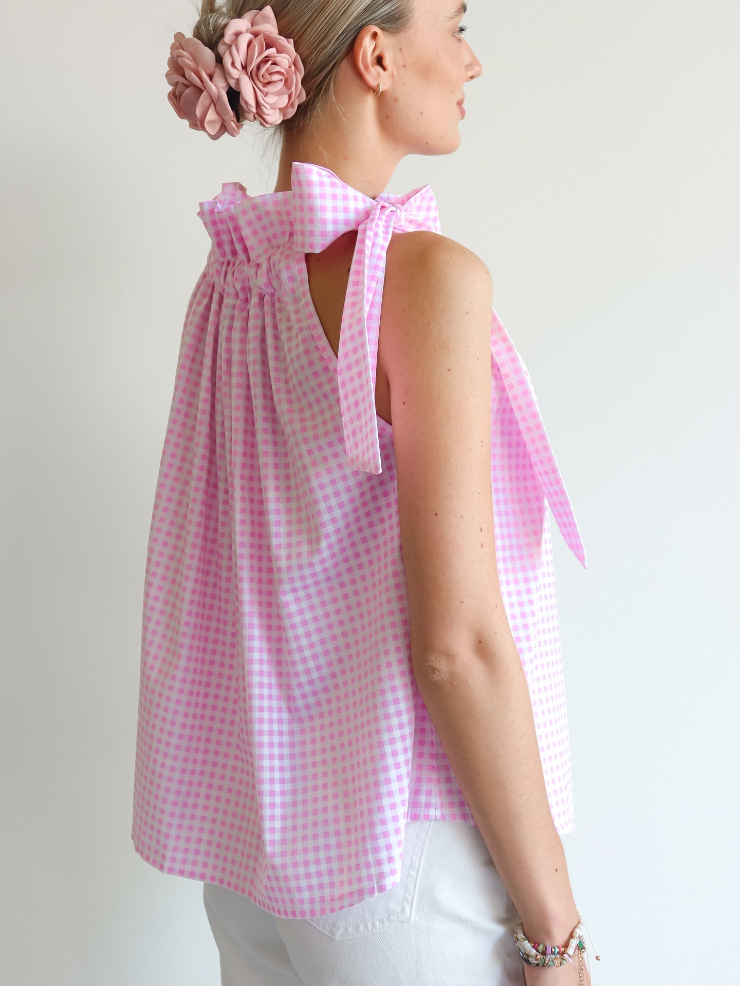 Top with Bow Collar - Geruit Roze - Noefie